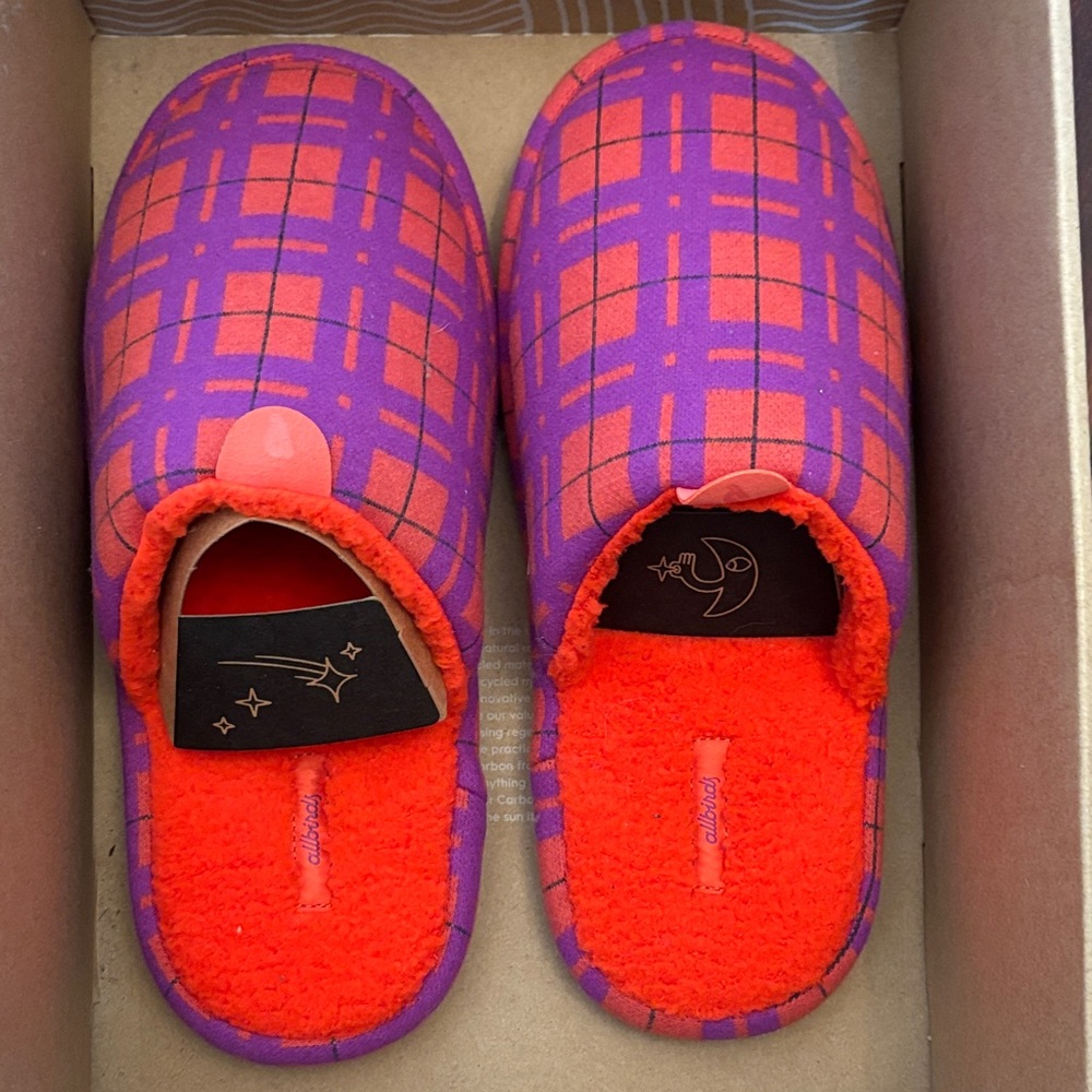 Allbirds Orange and Purple Plaid Slippers